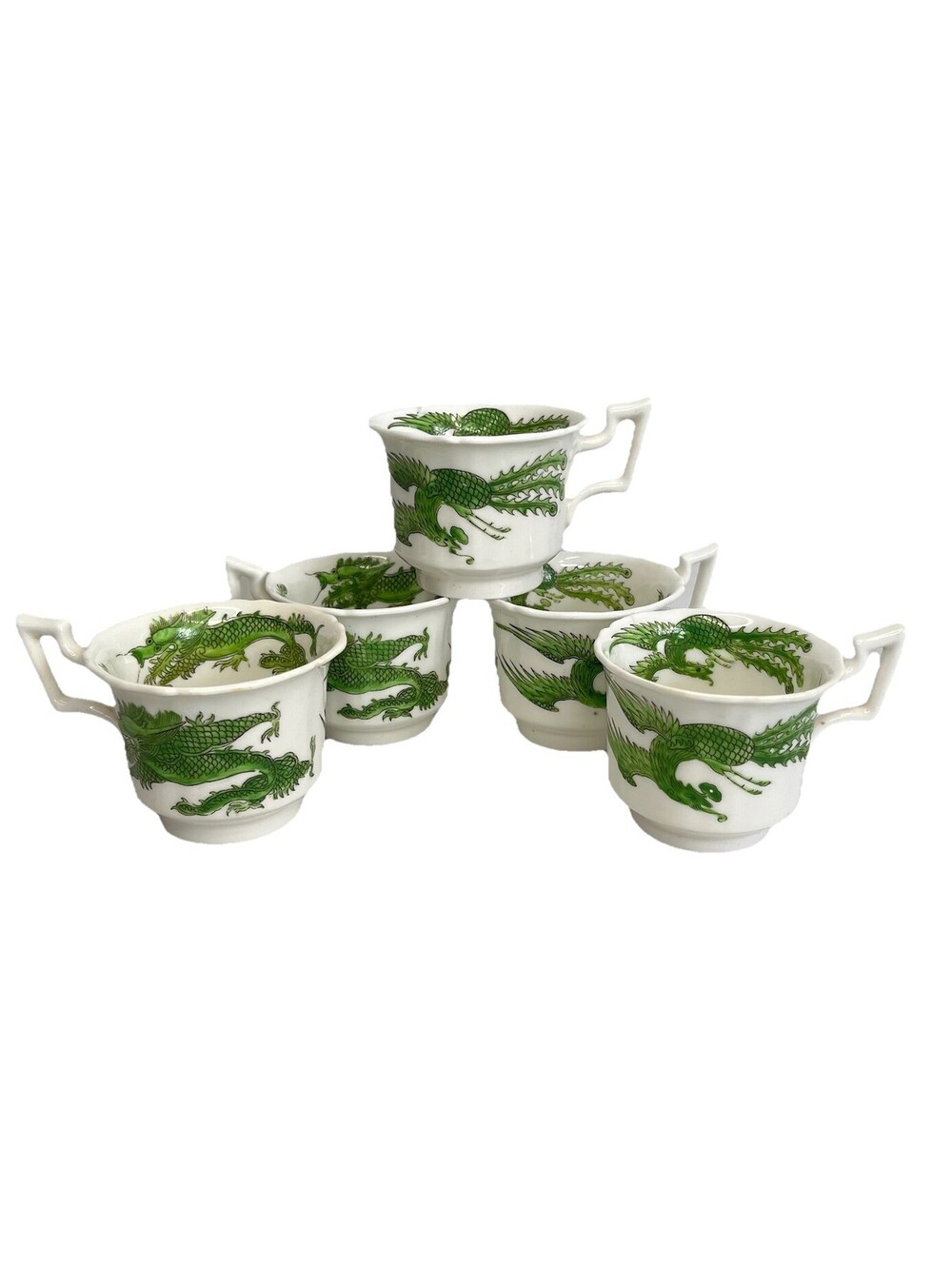 Joseph Machin England 18C Atq Green Phoenix Espresso Demi 5 Pc Set Cups RARE